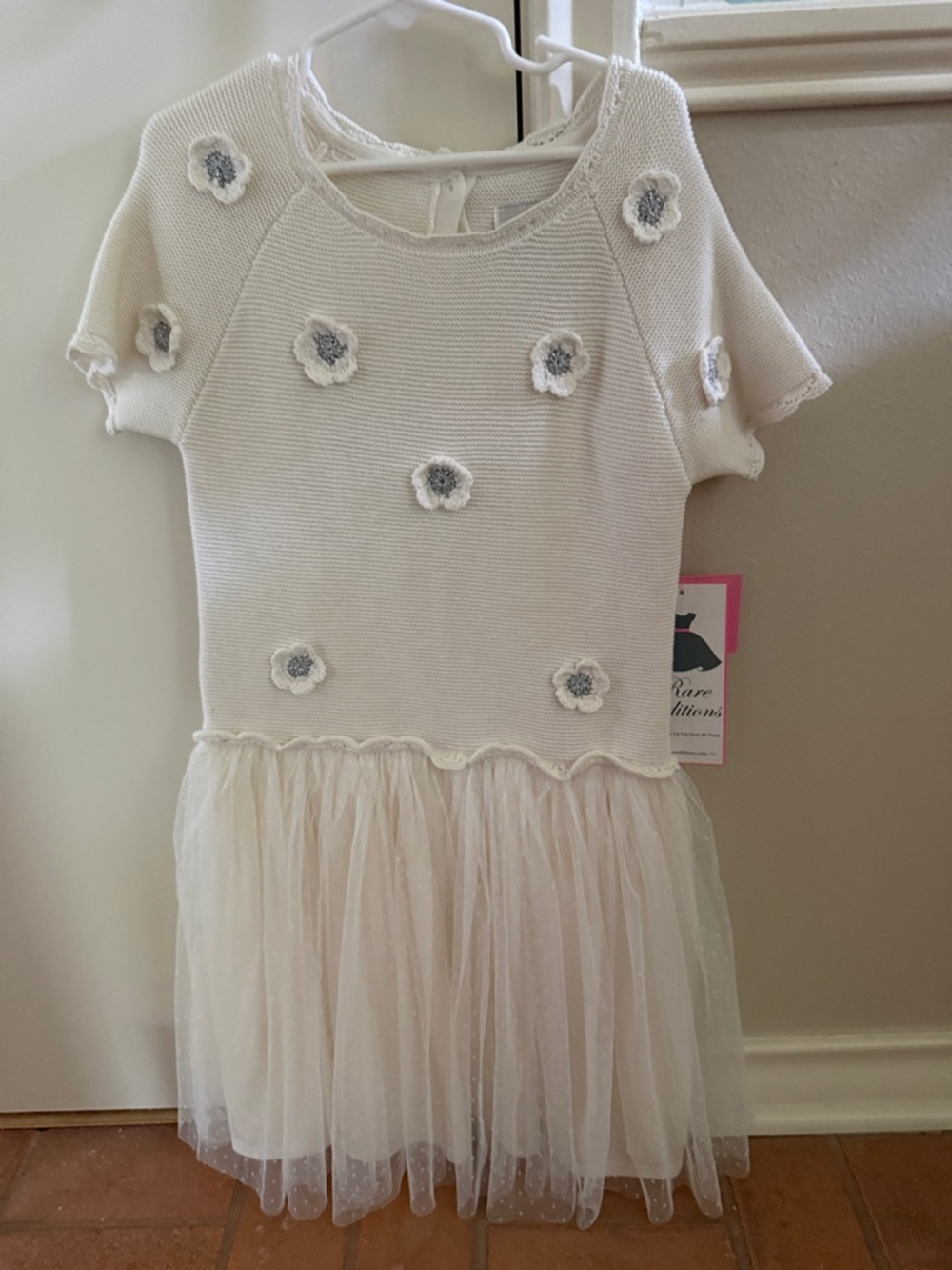 Rare Editions Cream Knit Dress with Floral Appliqués and Tulle Skirt